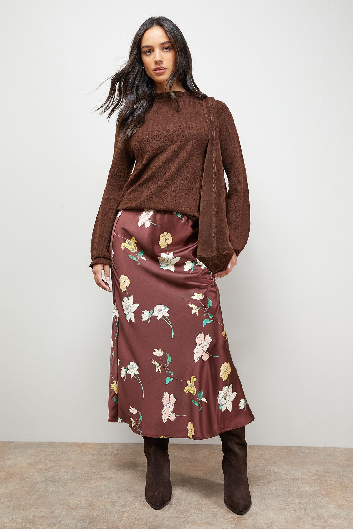 Oasis Ruffle Cuff and Collar Jumper Chocolate image 4