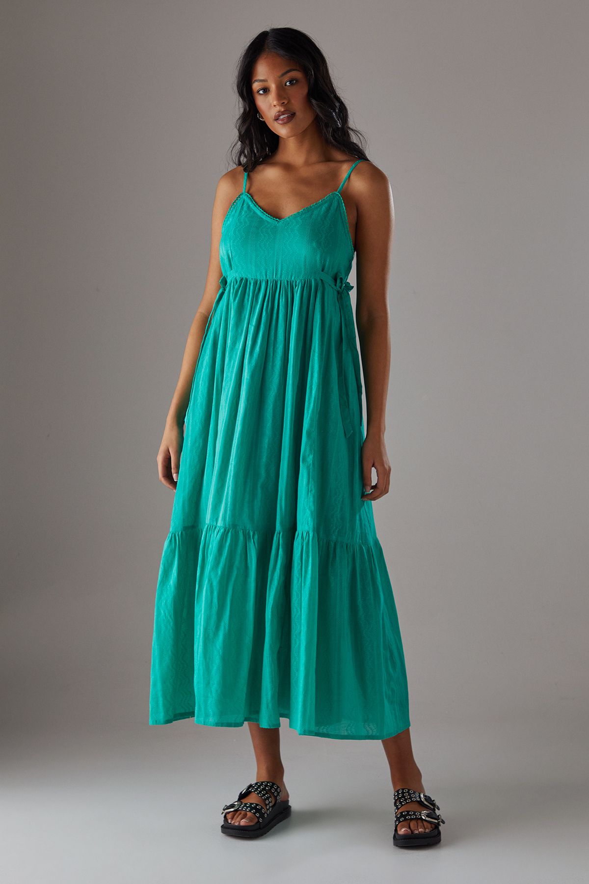 Warehouse Cotton Dobby Strappy Tie Waist Midi Sundress Green image 1