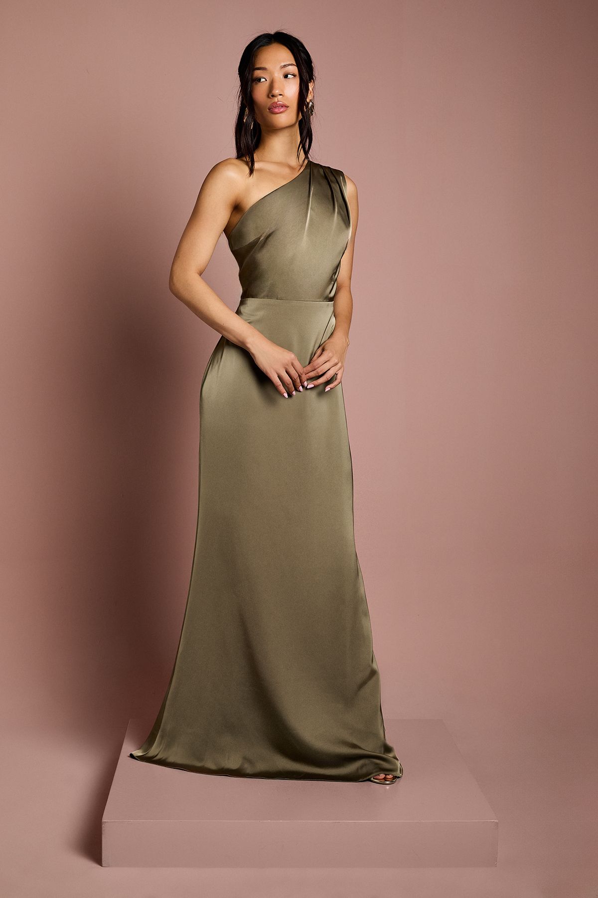 Coast Coast Honoured Drape One Shoulder Satin Maxi Bridesmaid Dress Olive