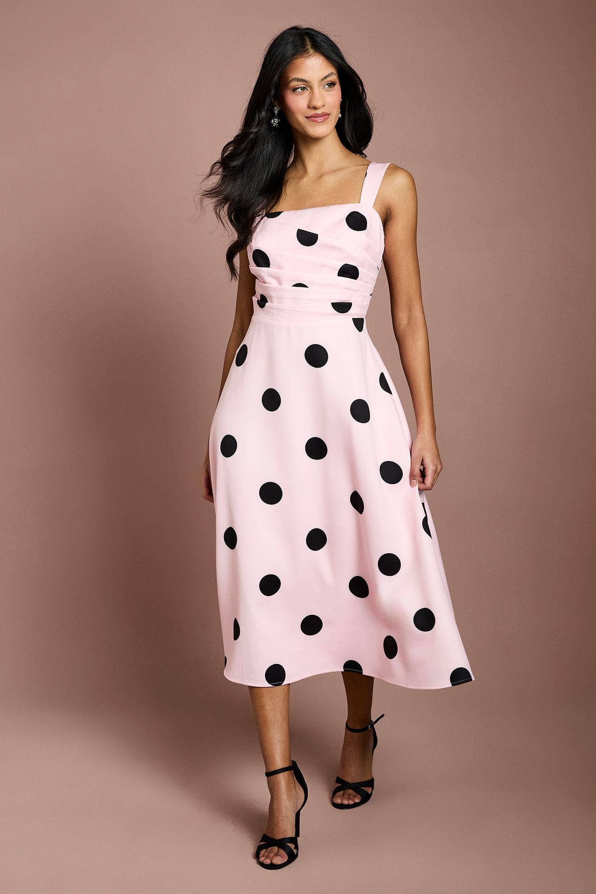 Coast Petite Spot Print Pleat Full Skirted Detail Midi Dress Pink image 1