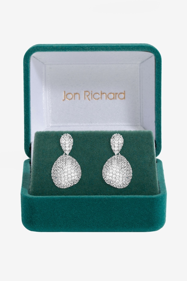 Jon Richard Rhodium Plated and Cubic Zirconia Drop Dome Earrings - Gift Box