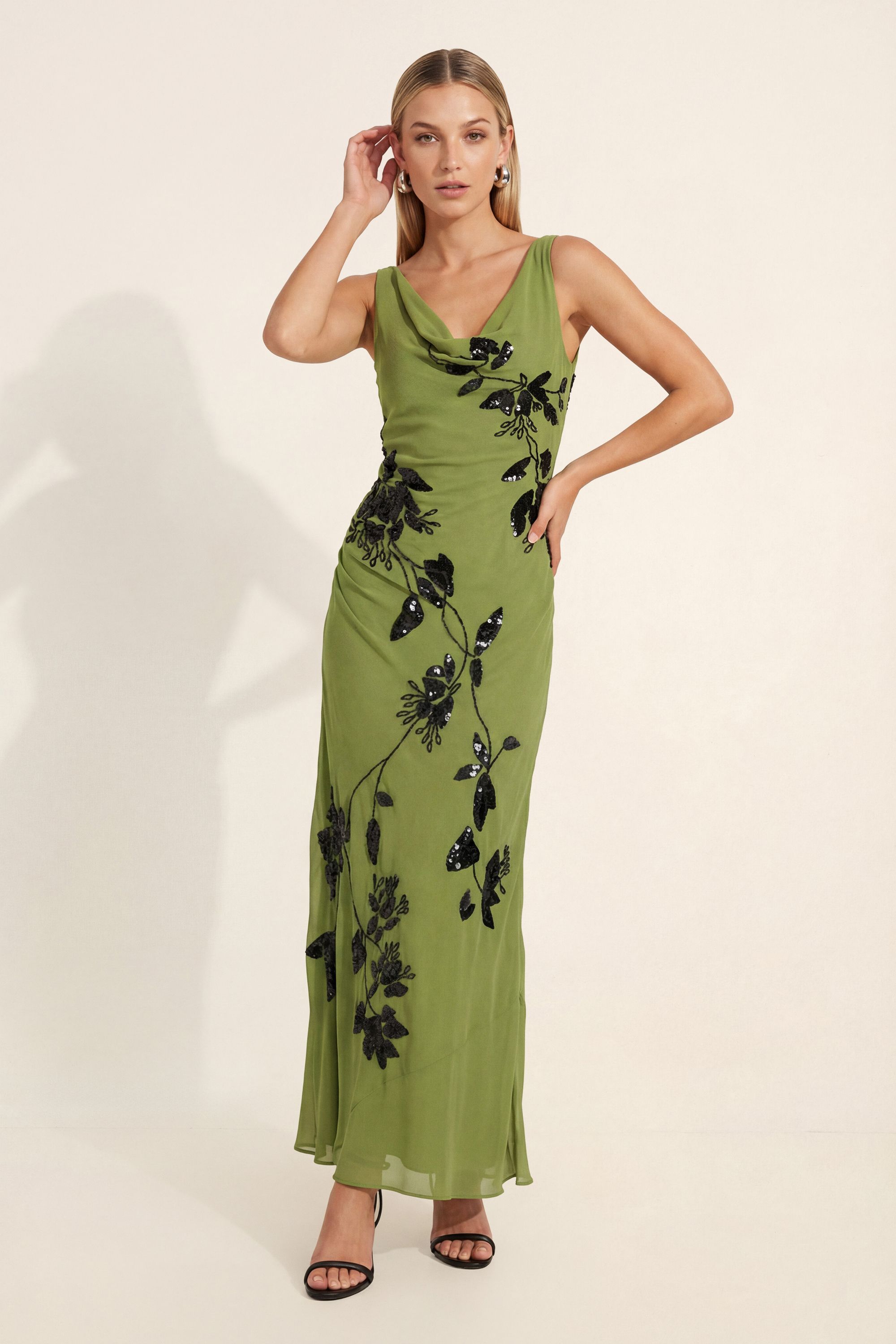 NastyGal Cowl Embellished Ruched Side Maxi Dress Green