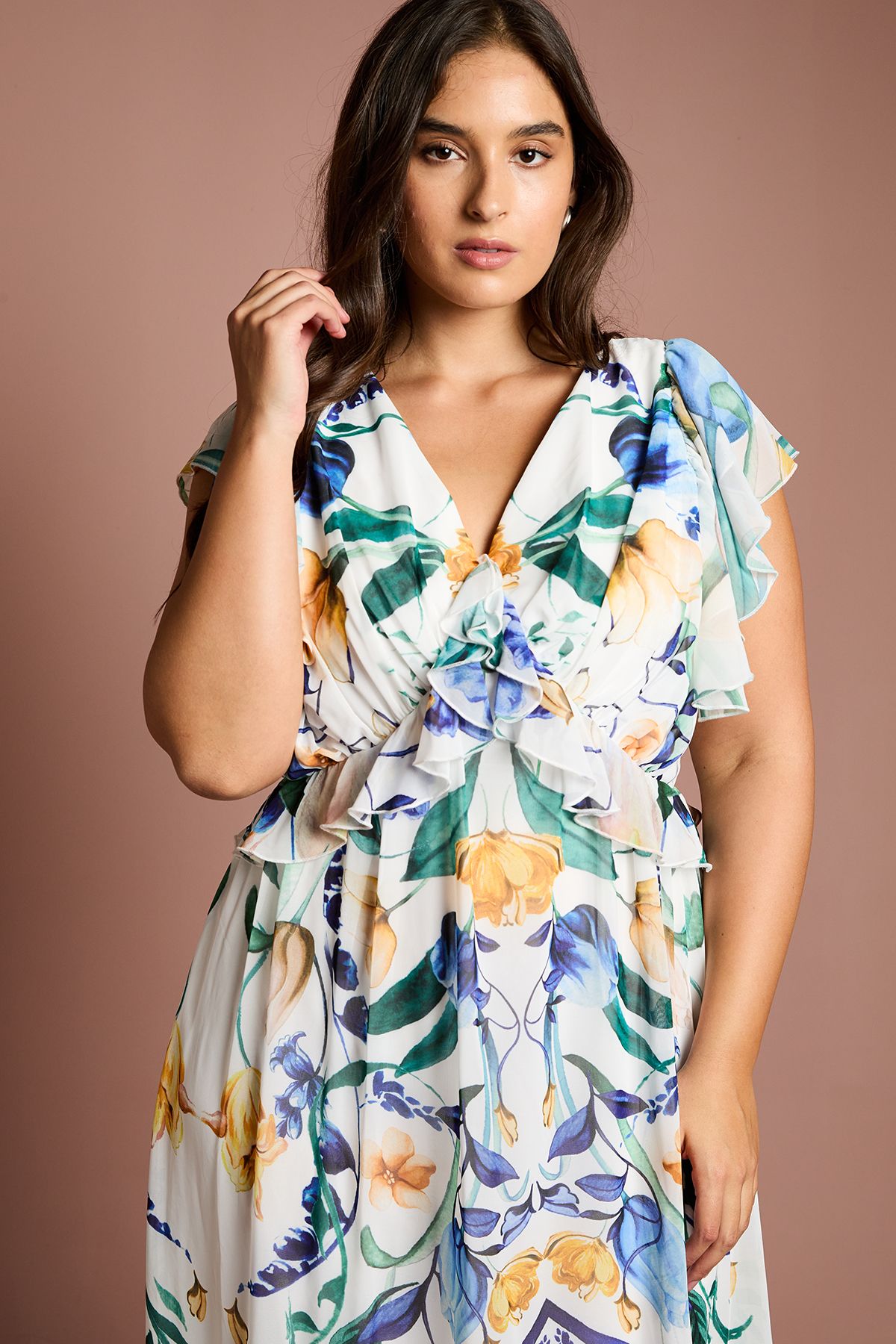 Coast Plus V Neck Flutter Sleeve Printed Midi Dress White image 2