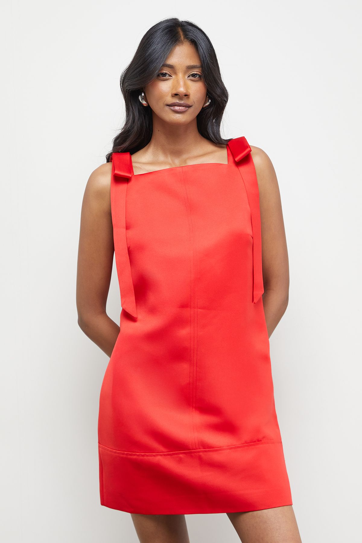 Warehouse Structured Satin Tie Shoulder Mini Dress Red image 1