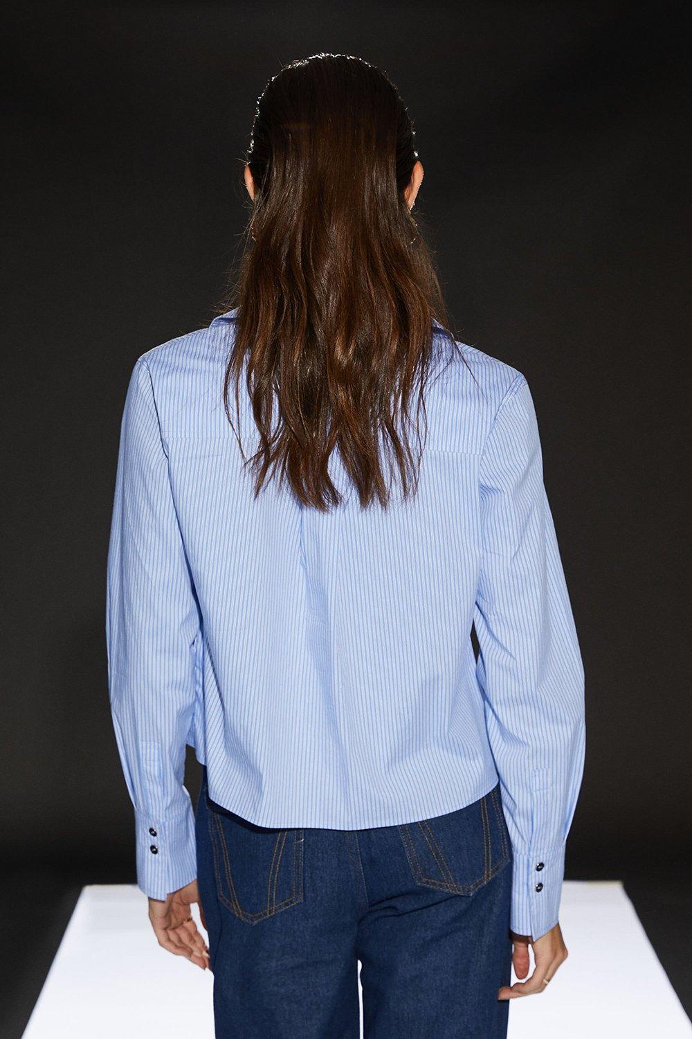 RUNWAY 1.8.1.8 Runway 1.8.1.8 Stripe Poplin Cropped Boxy Utility Shirt Blue image 3