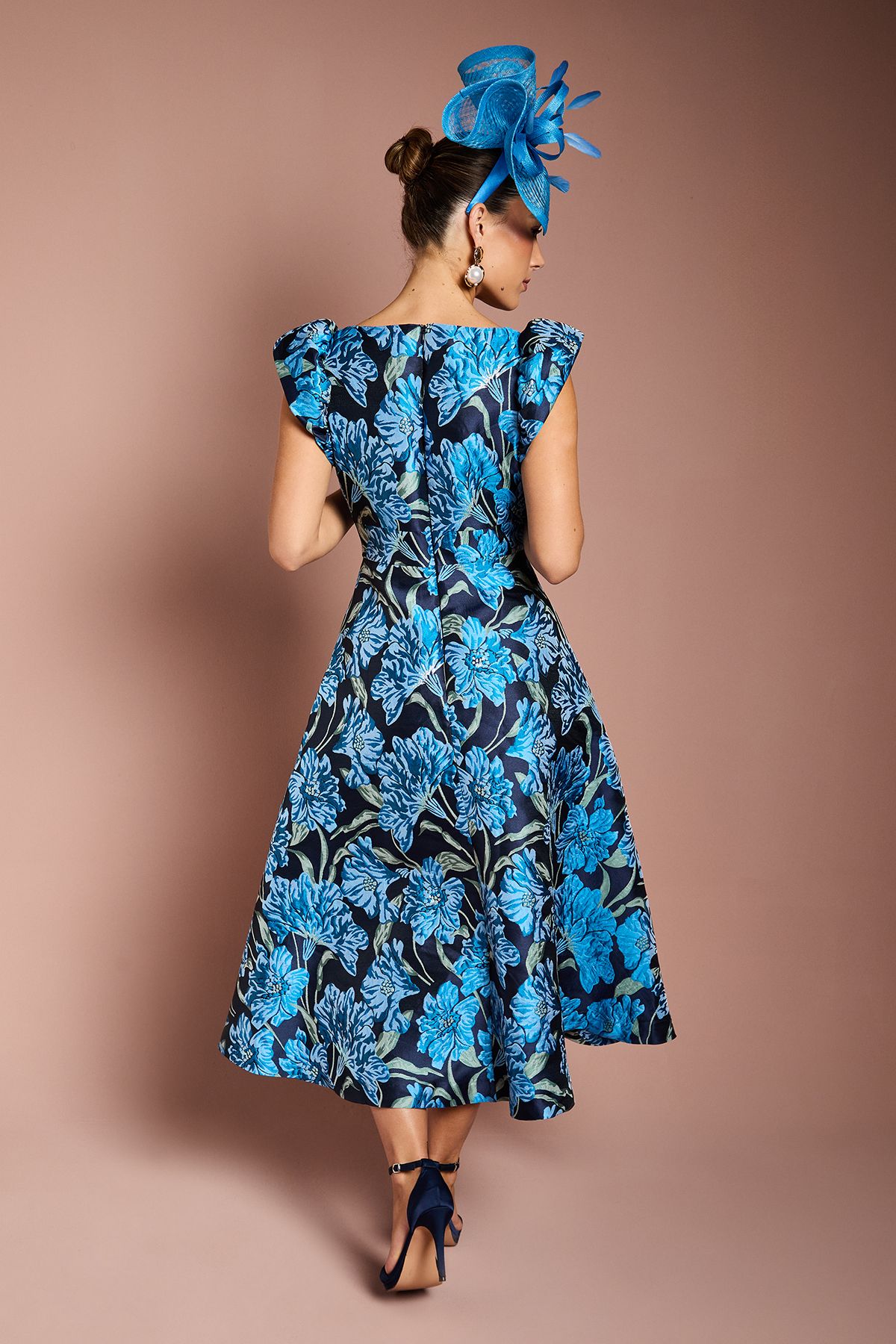 Coast V Neck Floral Jacquard Midi Dress Blue image 3