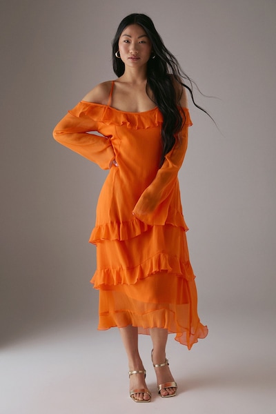 Warehouse Petite Chiffon Ruffle Cold Shoulder Midi Dress Orange