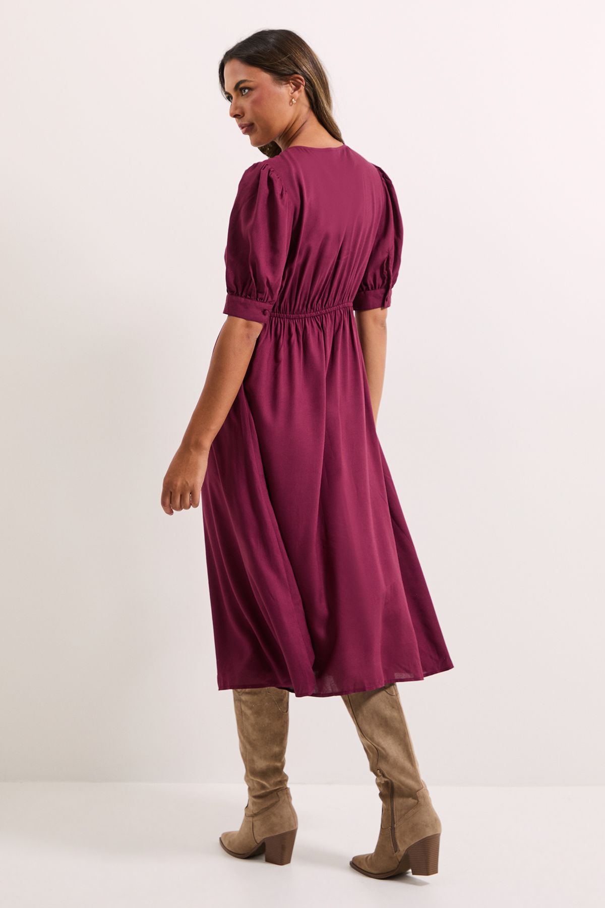 Dorothy Perkins Tie Neck Empire Seam Puff Sleeve Midi Dress Plum image 5