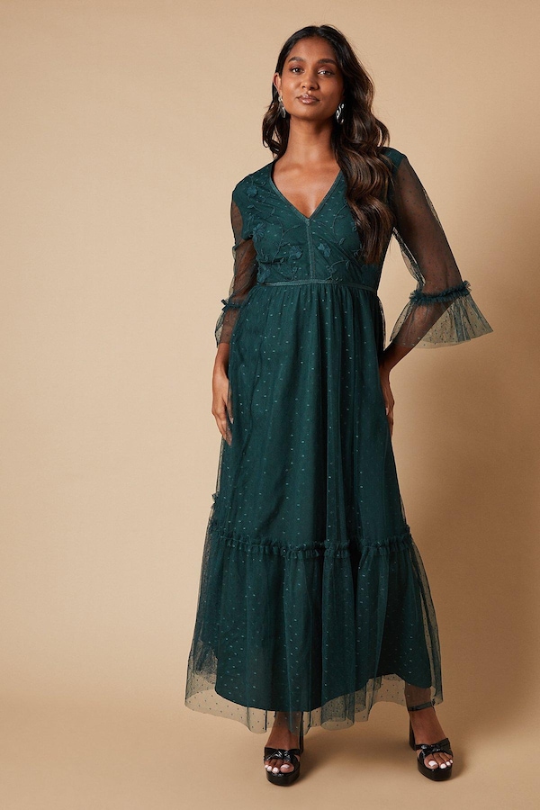 Oasis Occasion Embroidered Mesh Tiered Midaxi Dress Green