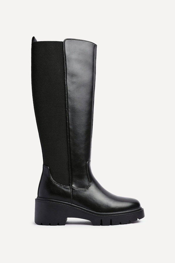 Linzi Hyland Black Faux Leather High Leg Wedge Boot