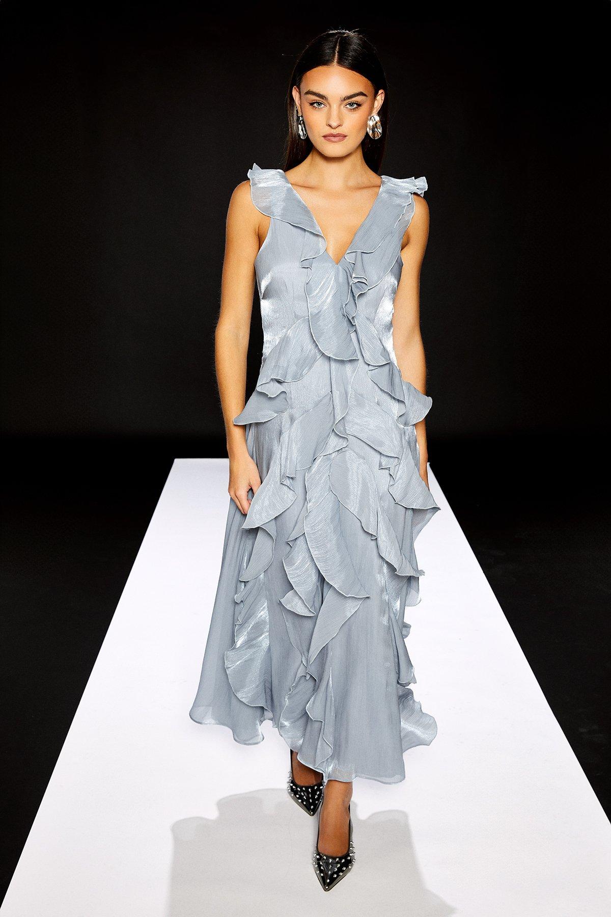 RUNWAY 1.8.1.8 Runway 1.8.1.8 Ruffle V Neck Maxi Dress Blue
