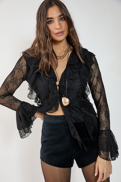 NastyGal Lace Ruffle Sheer Blouse Black