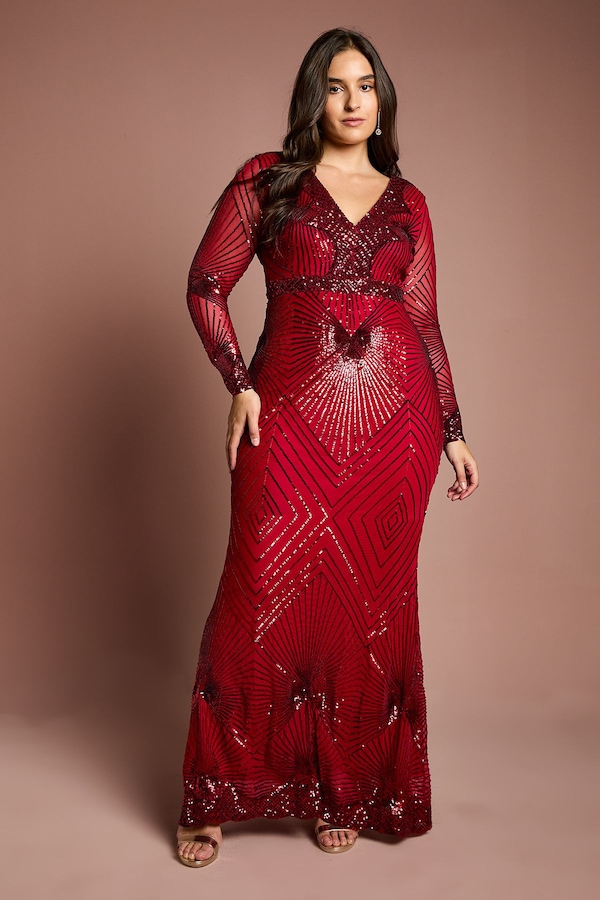 Coast Plus Size Long Sleeve Embellished Maxi Dress Red