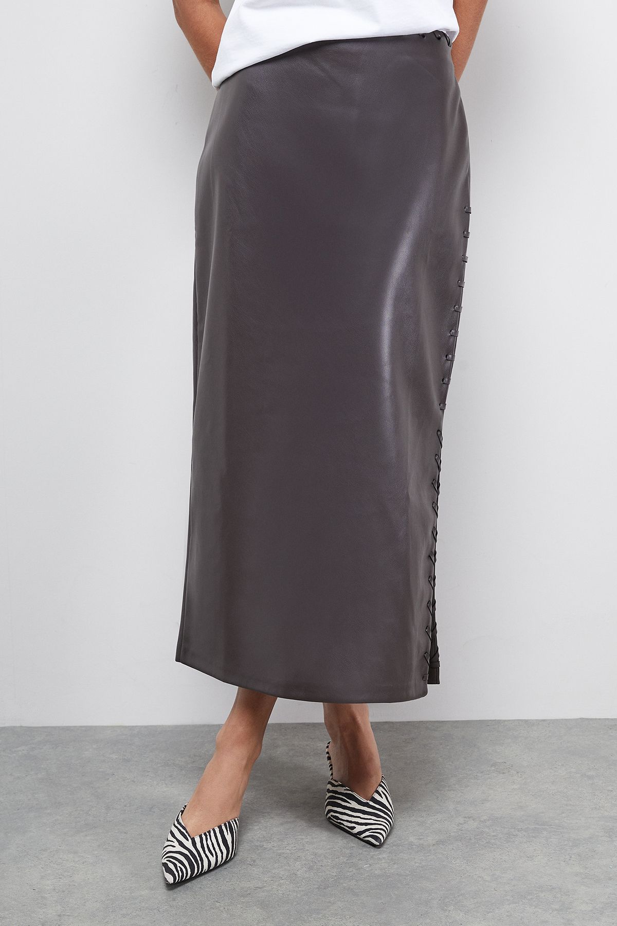 Warehouse Faux Leather Whipstitch Detail Midi Skirt Chocolate