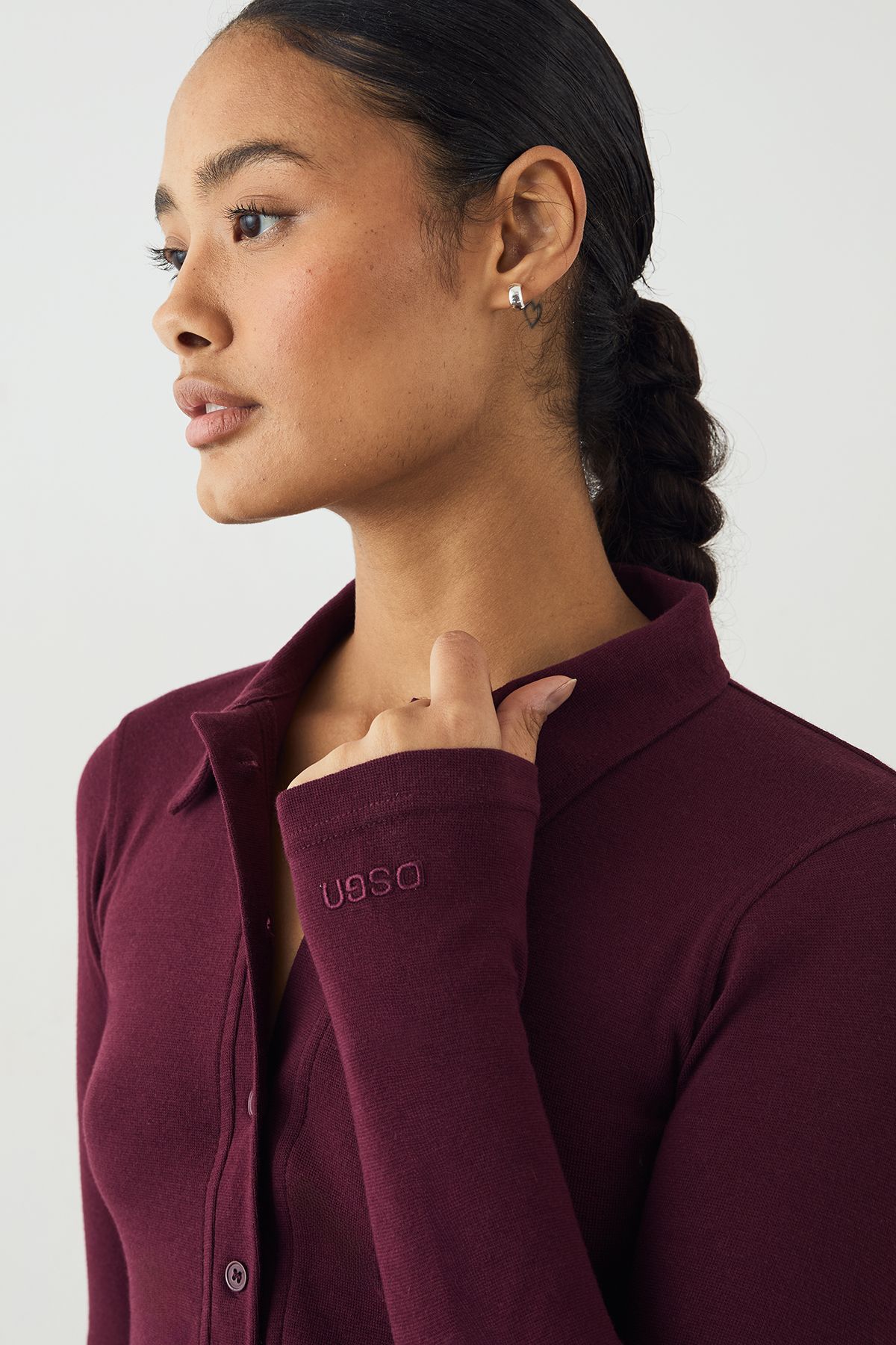 DSGN Studio DSGN Studio Button Through Collared Fitted Top Burgundy image 4