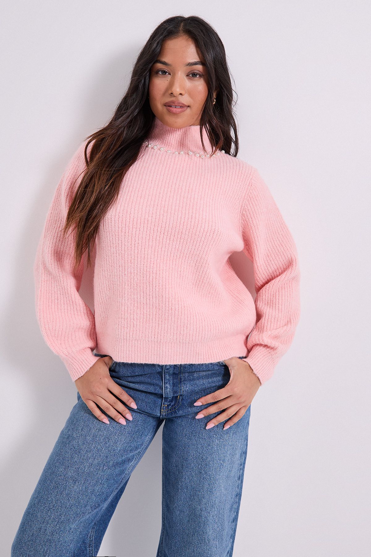 Dorothy Perkins Petite Pearl neck Detail Jumper Light Pink image 1