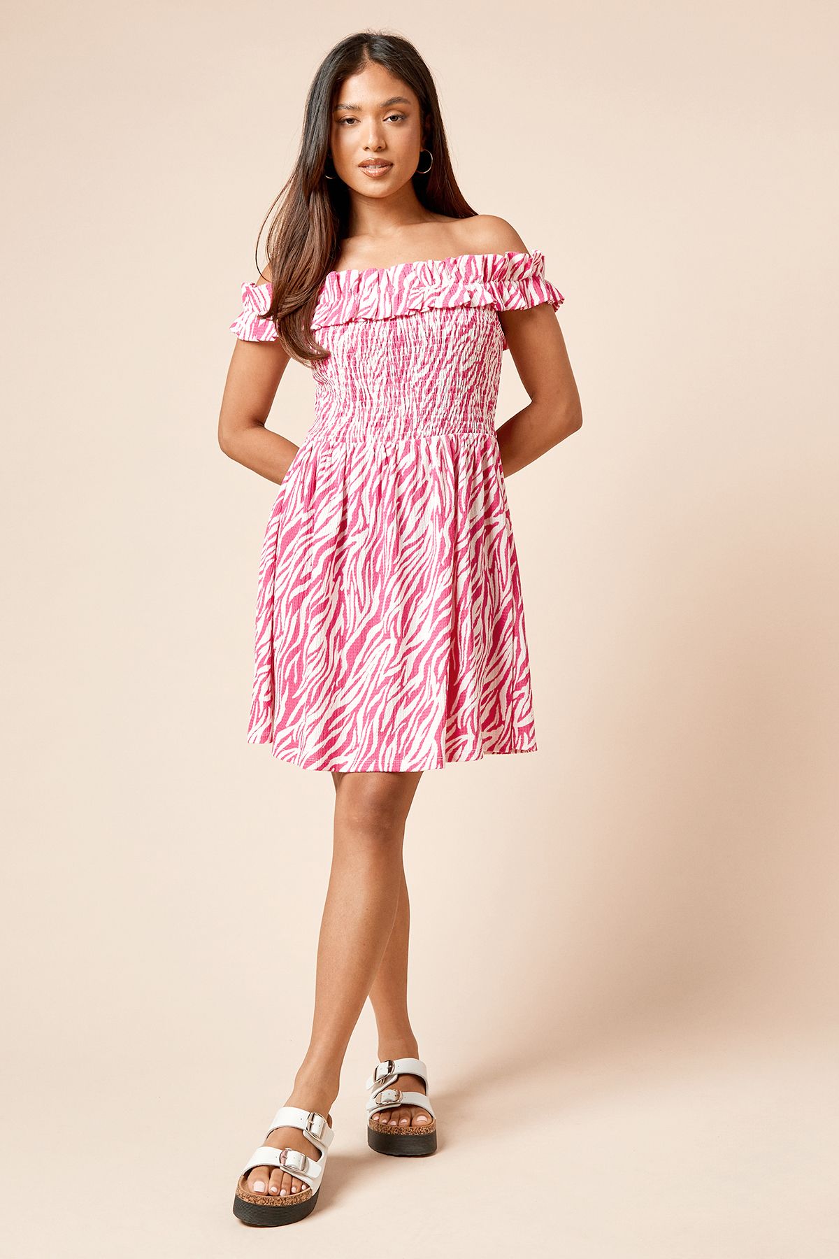 Dorothy Perkins Petite Pink Zebra Shirred Bodice Bardot Jersey Mini Dress Zebra image 2