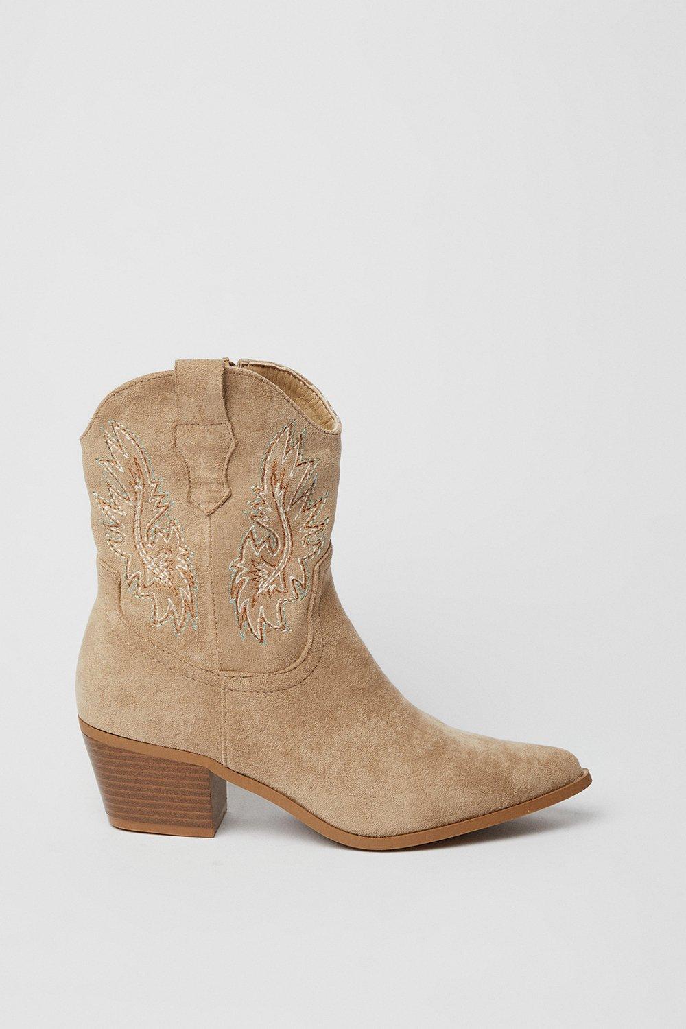 Oasis June Embroidered Western Cowboy Ankle Boots Beige image 2