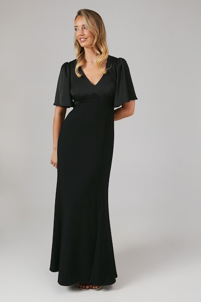 Coast Contrast Satin Angel Sleeve Open Back Bridesmaid Dress Black