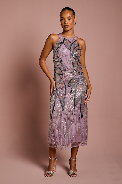 Coast Petite High Neck Beaded Column Midi Dress Lilac