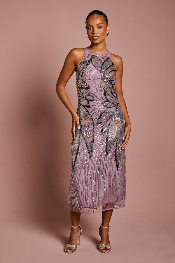 Coast Petite High Neck Beaded Column Midi Dress Lilac