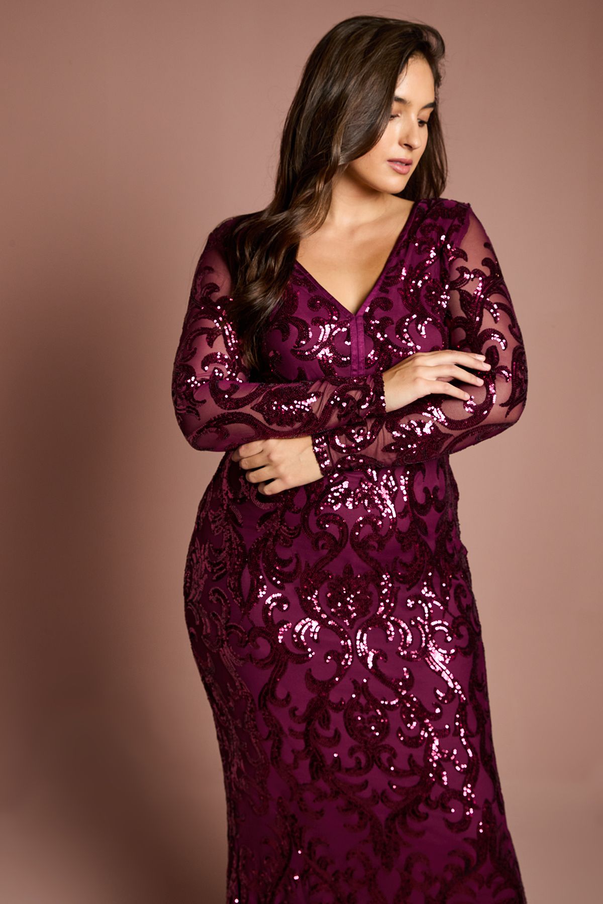 Coast Plus Size Long Sleeve Sequin Maxi Dress Burgundy image 4
