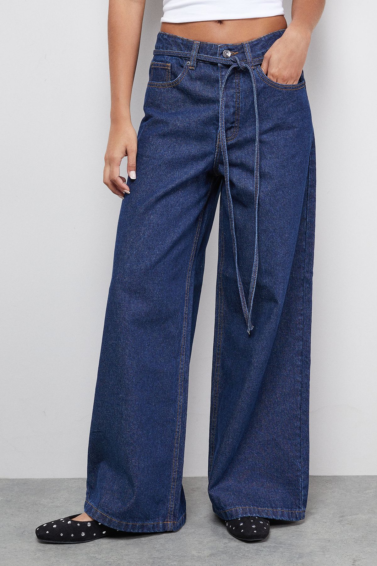 Warehouse Tie Waist Wide Leg Denim Jean Indigo image 1
