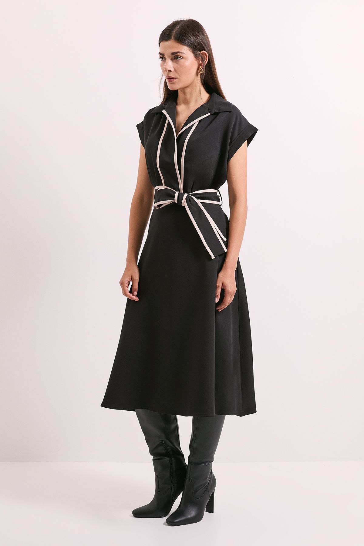 Principles Contrast Tie Waist Midi Dress Black