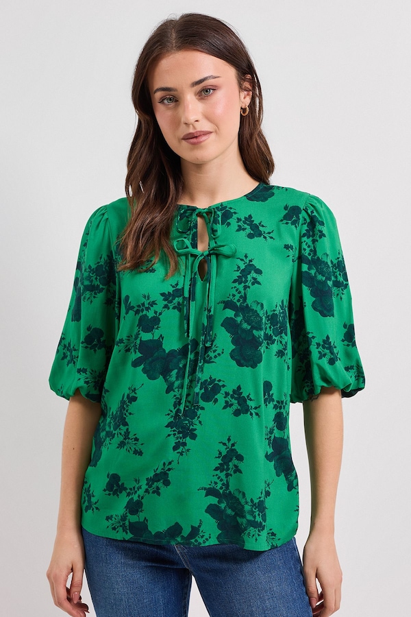 Dorothy Perkins Tie Detail Puff Sleeve Printed Top Green