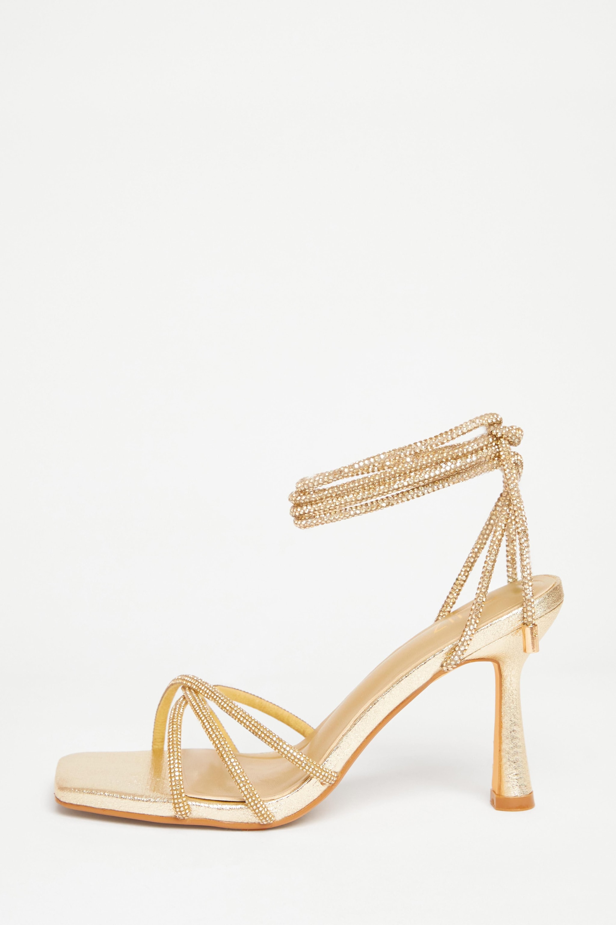 Quiz Gold Diamante Lace Up Heels image 3