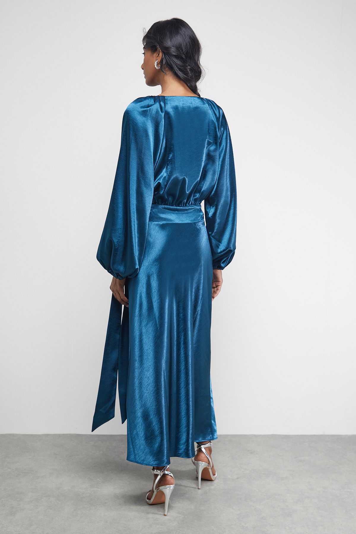 Warehouse Satin Tie Waist Wrap Ruffle Tier Maxi Dress Teal image 3