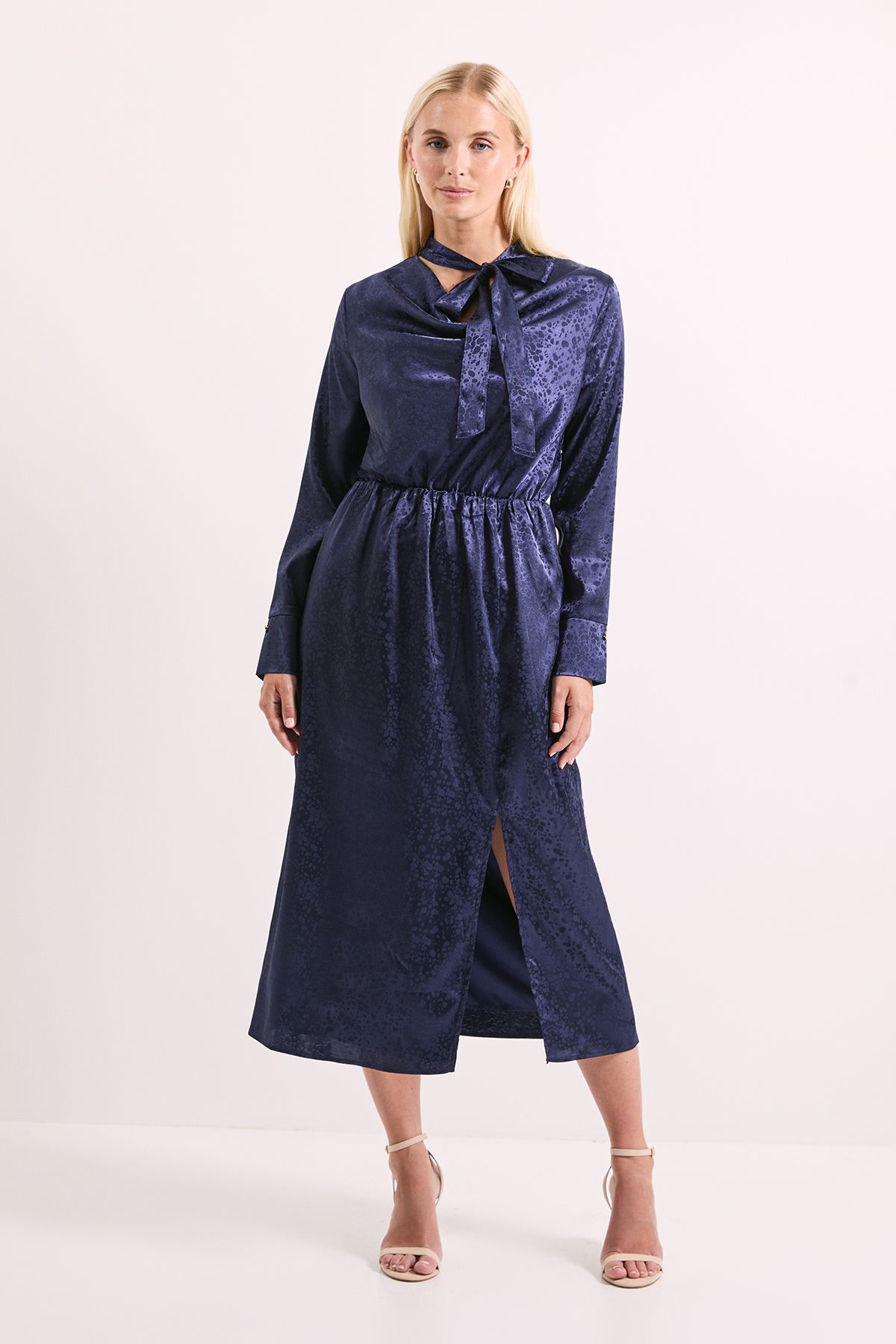 Principles Navy Cowl Tie Neck Satin Jacquard Midi Dress Navy image 2