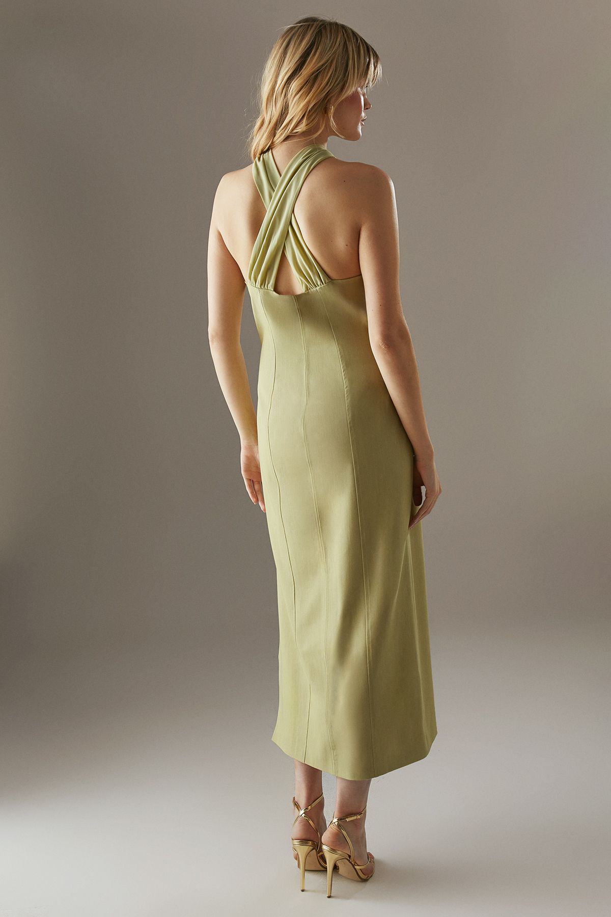 Warehouse Cross Front Georgette And Marl Suiting Midi Dress Pistachio image 3