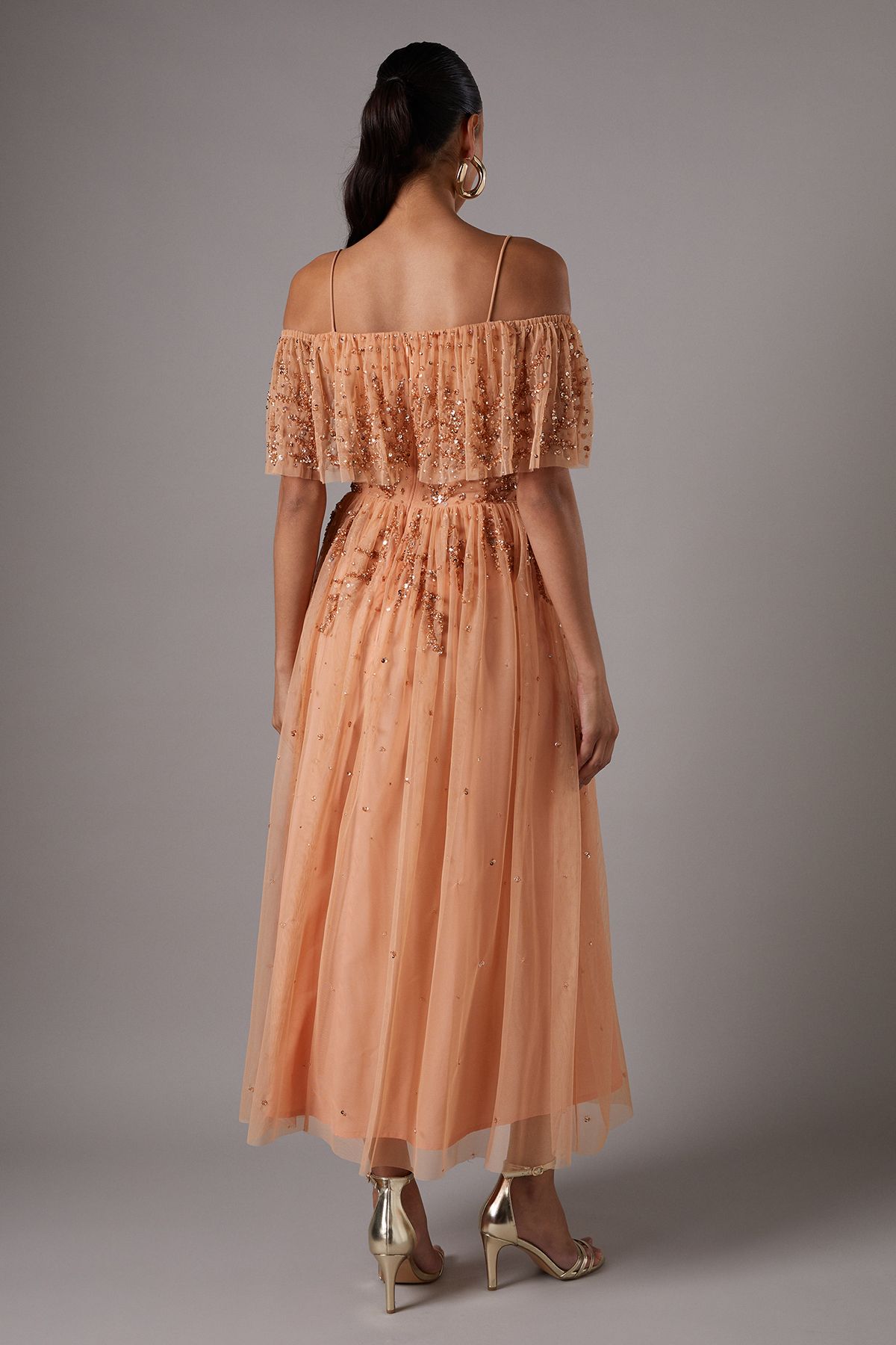 Coast Sequin Mesh Midi Dress With Flutter Sleeves Apricot image 3