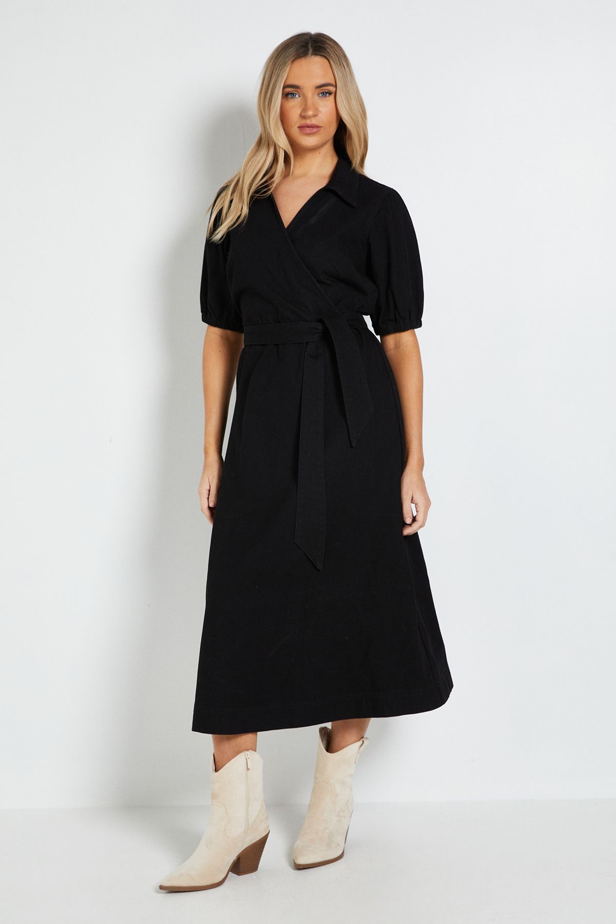Dorothy Perkins Volume Sleeve Wrap Midi Denim Dress Black