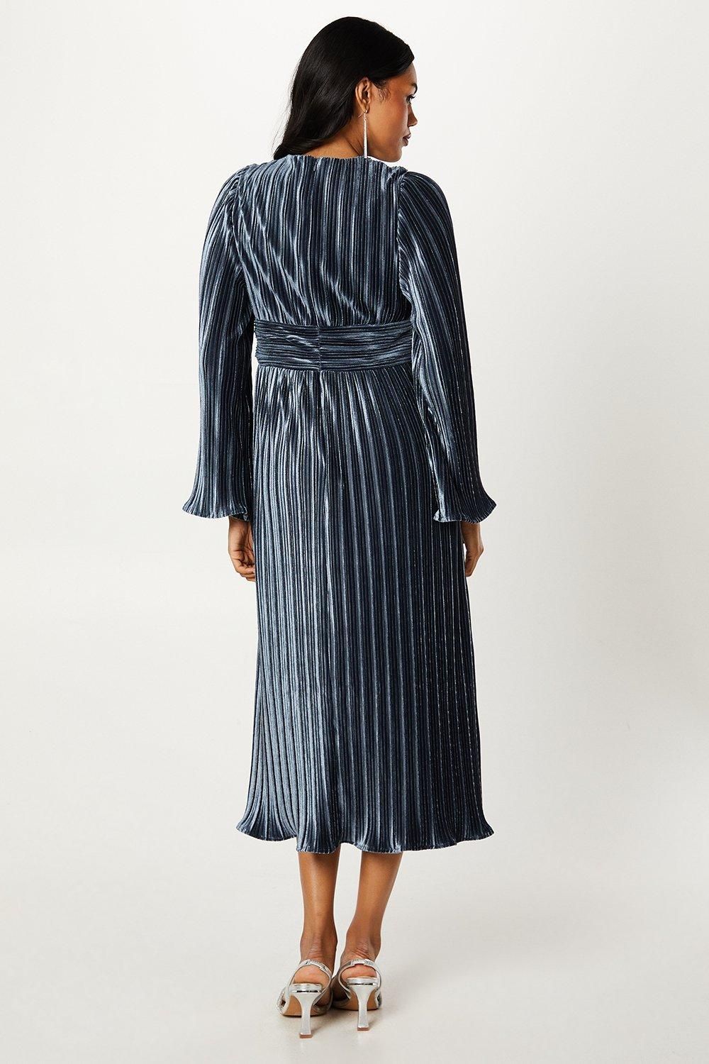 Coast Pleated Velvet Long Sleeve Pencil Dress Steel image 3