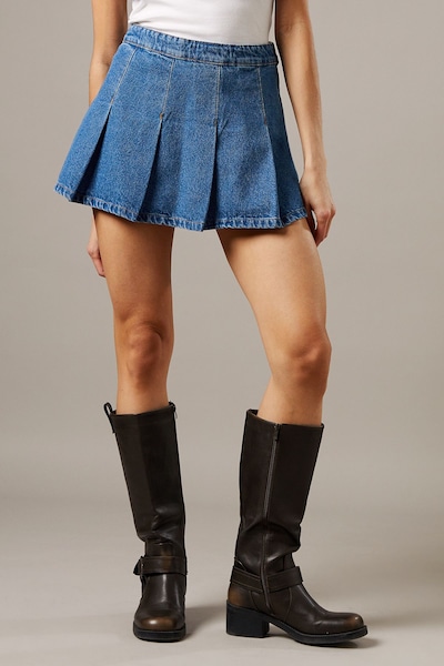 Warehouse Denim Pleated Mini Skirt Mid Blue