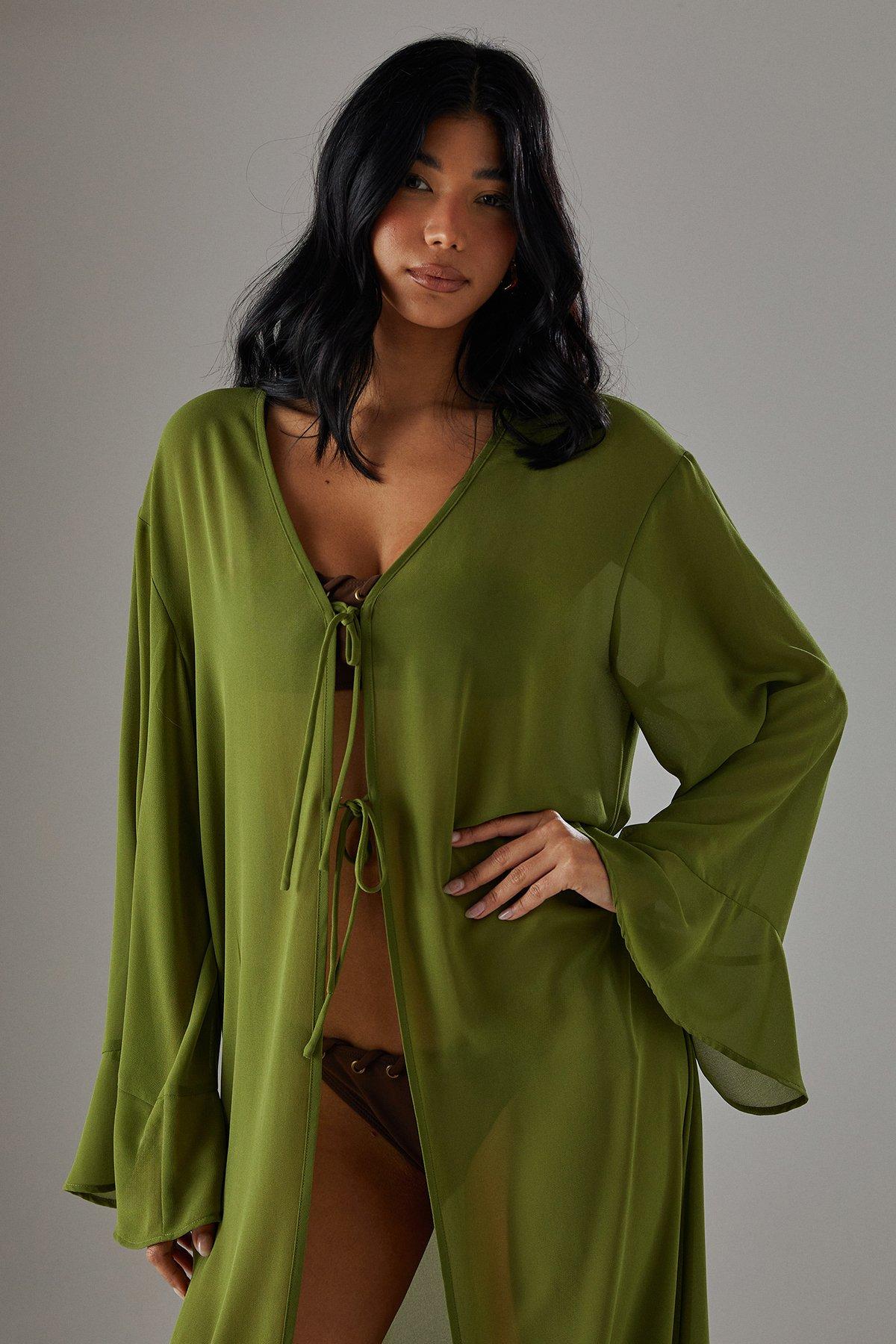 Warehouse Printed Maxi Tie front Kimono Olive image 3
