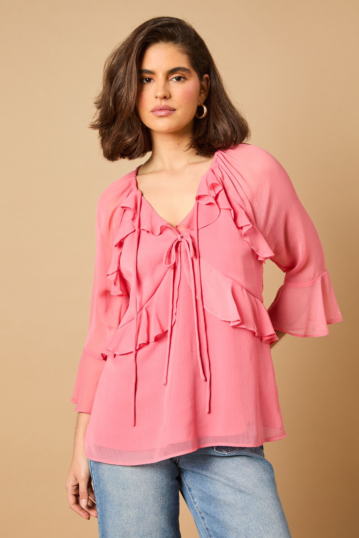 Oasis Boho Ruffle Flute Sleeve Blouse Rose image 2