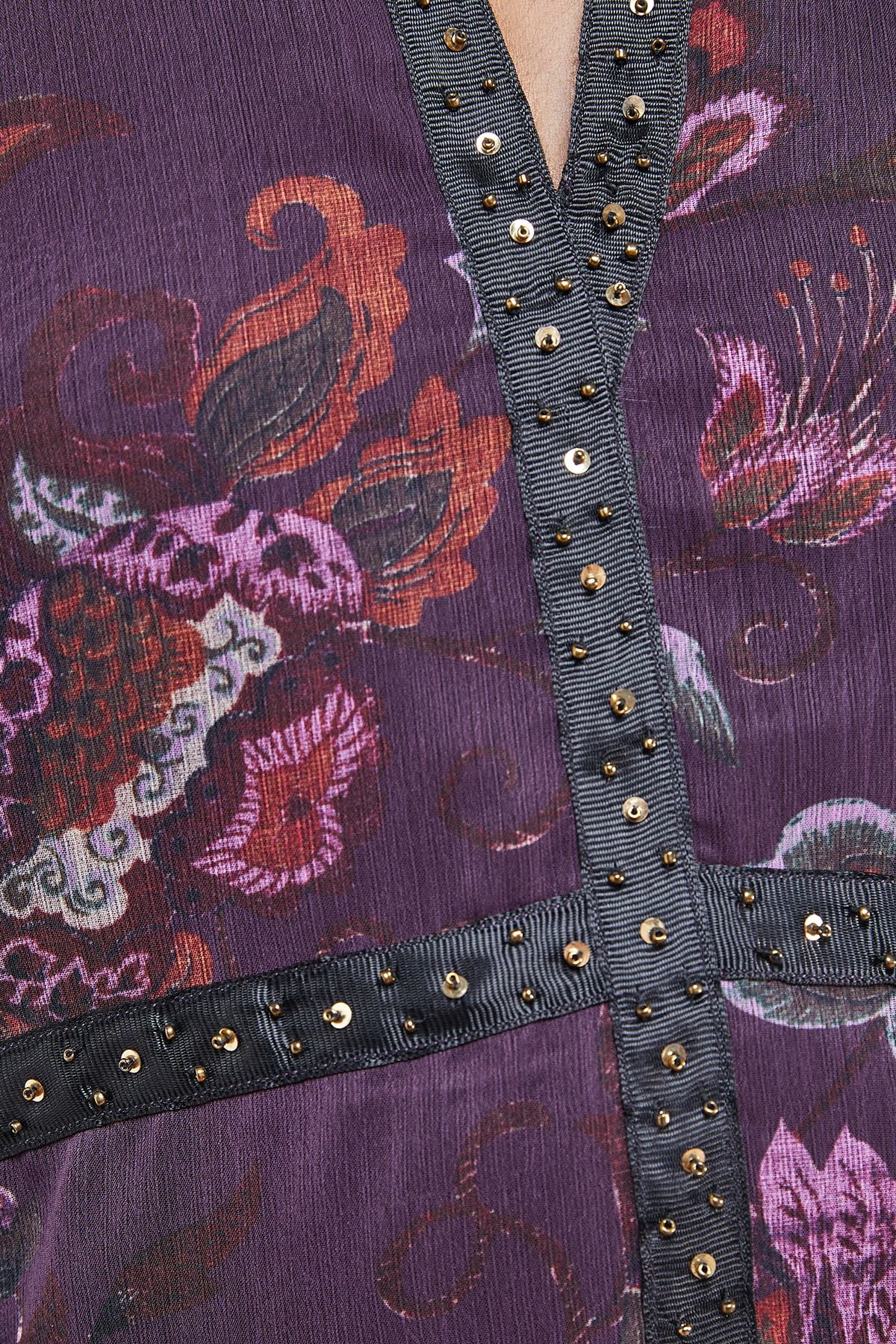 Oasis Printed Embellished Trim Detail Chiffon Mini Dress Multi image 5