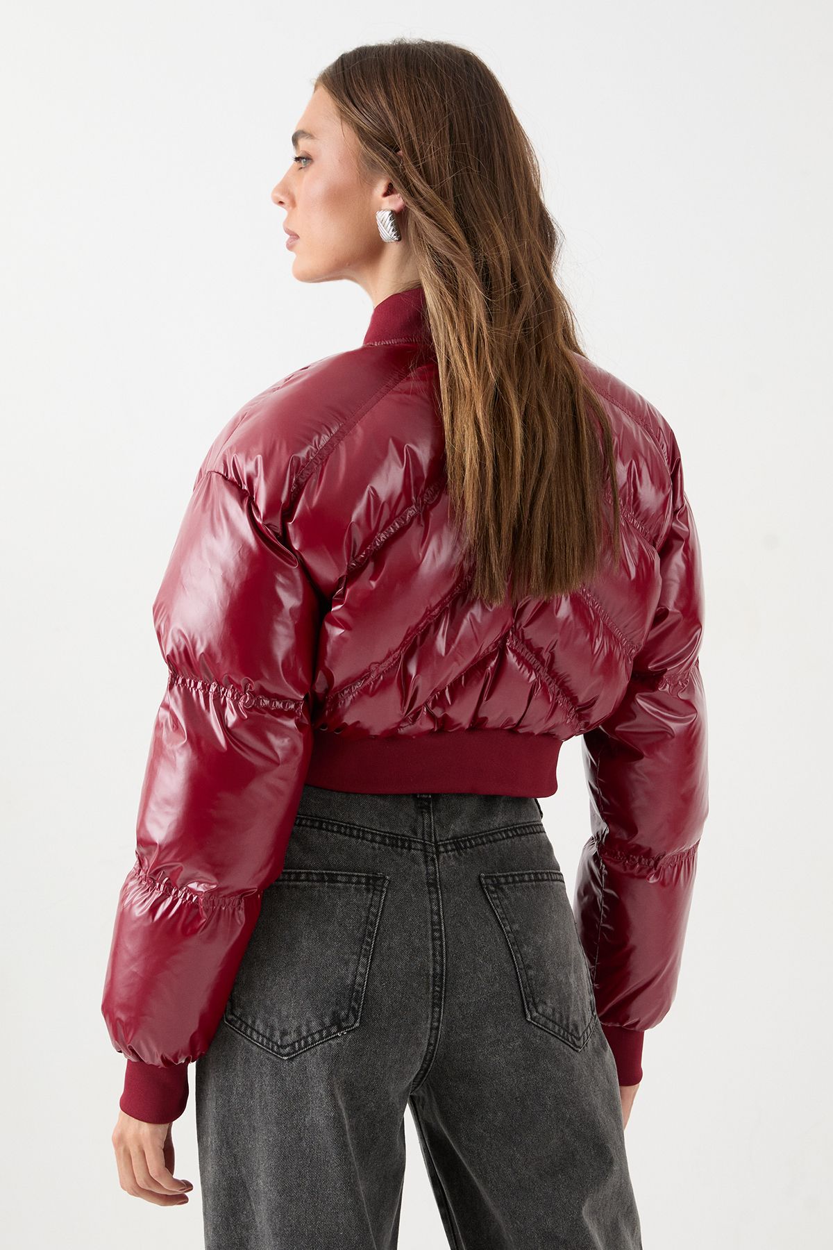 MissPap Premium High Shine Cropped Puffer Coat Wine image 3