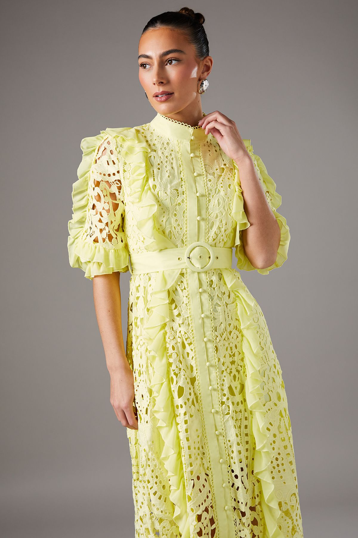 Coast Lace Ruffle Shirt Dress With Tie Yellow image 2