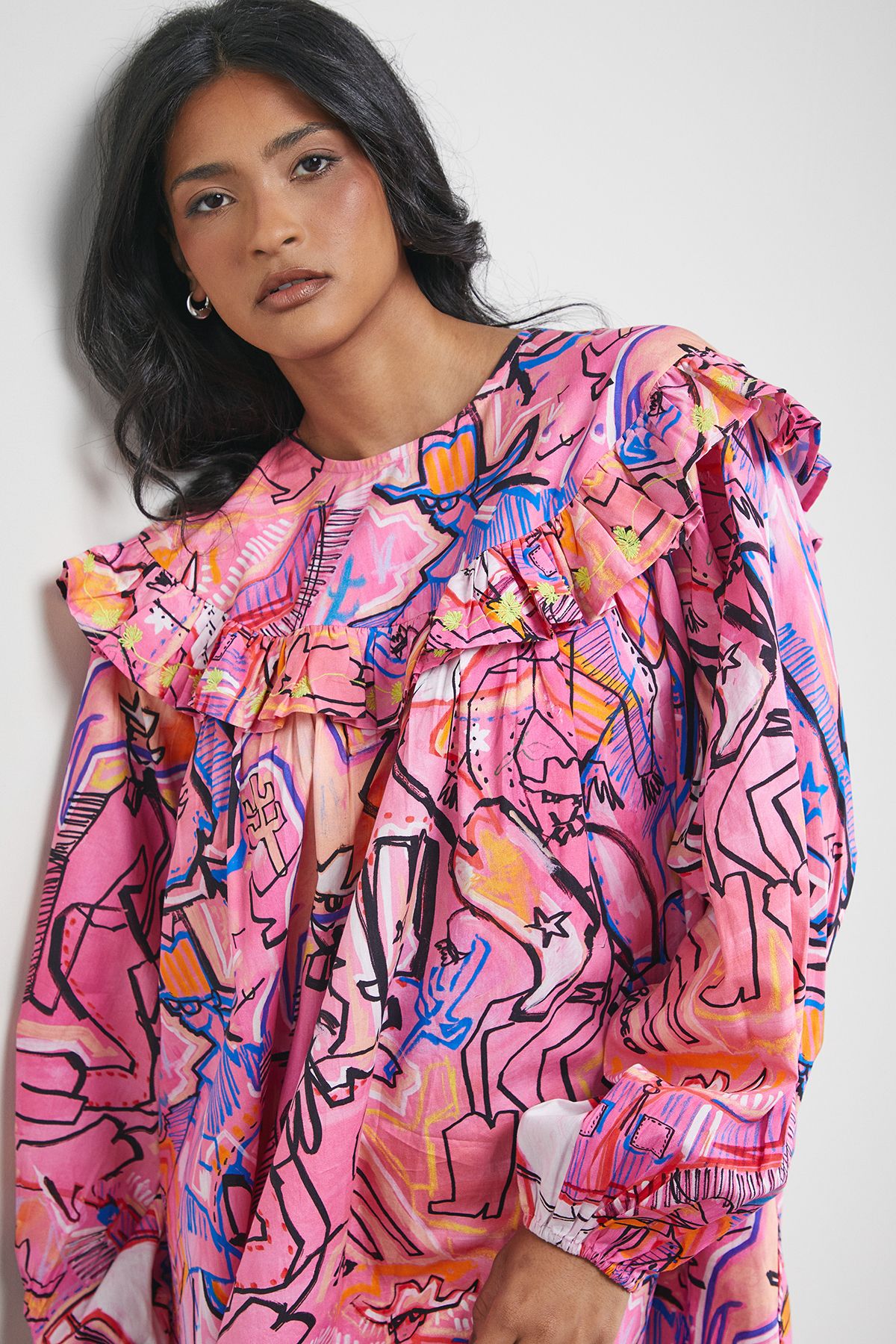 Warehouse Tony Rodeo Cotton Frill Yoke Mini Smock Dress Multi image 5