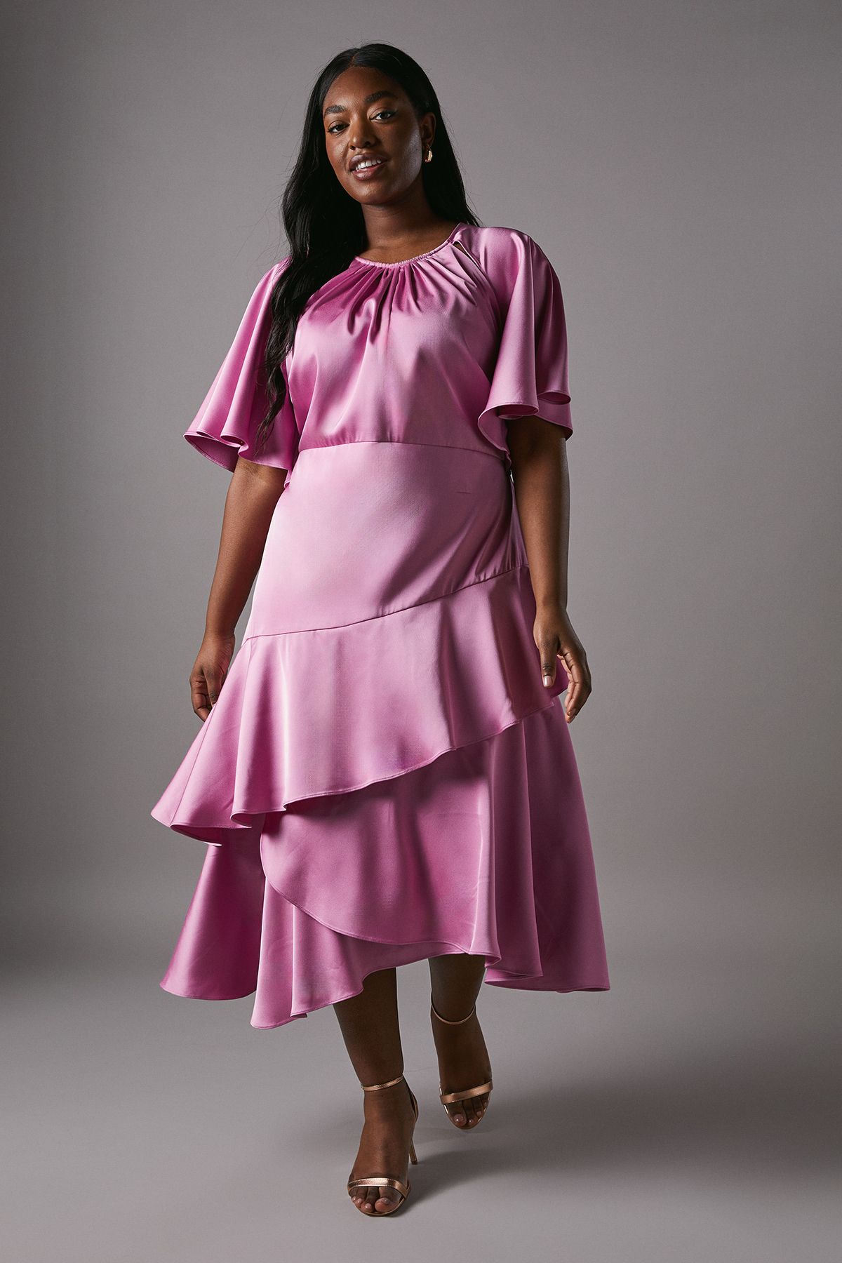 Coast Plus Cut Out Sleeve Satin Midi Dress Pink image 1