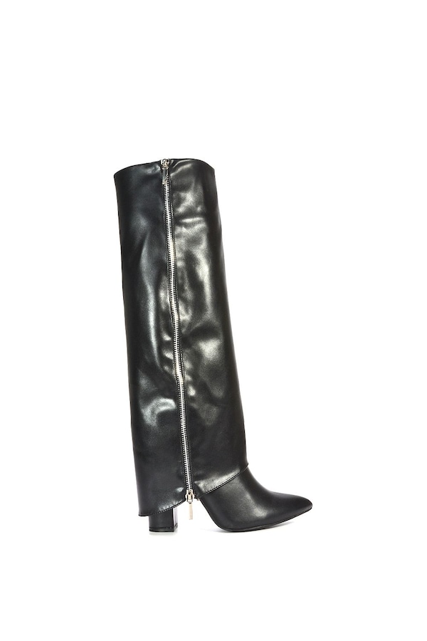 XY London 'Allie' Knee High Fold Over Pointed Toe Boots With Zip Detail