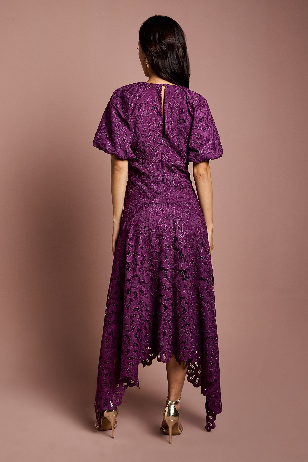 Coast Lace Hanky Hem Puff Sleeve Dress Plum image 3