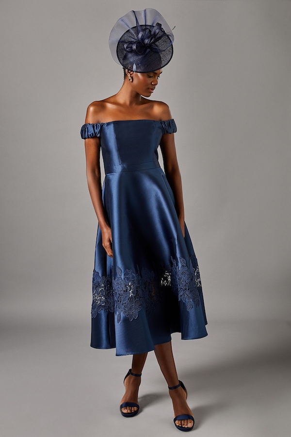 Coast Bardot Twill Midi Dress With Lace Trim Navy