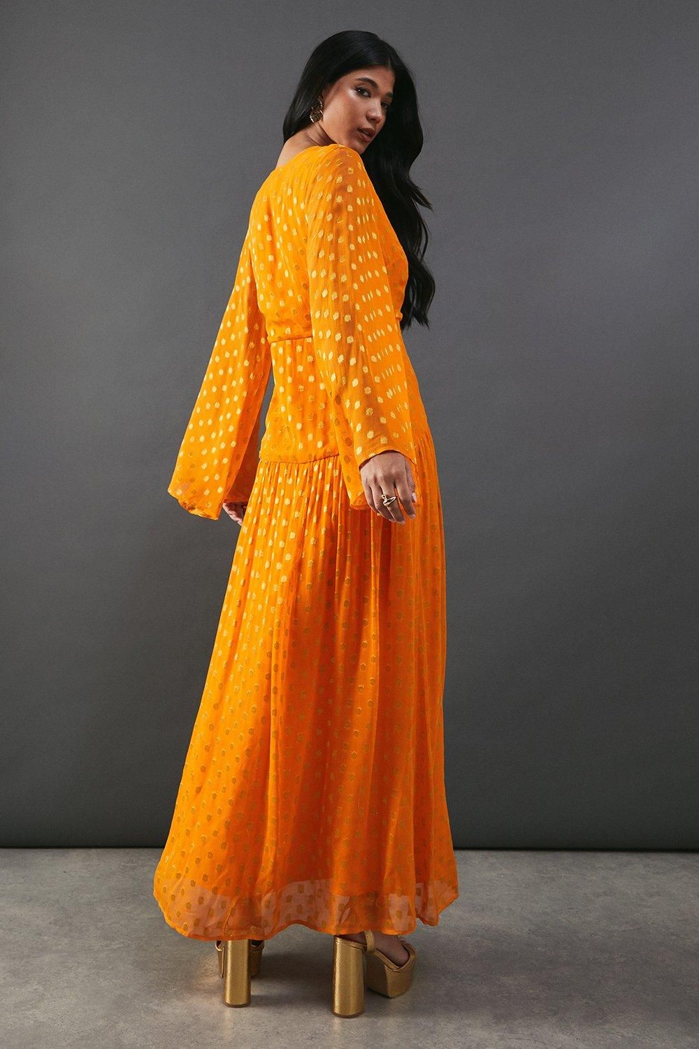 Warehouse Metallic V Plunge Kimono Sleeve Maxi Dress Orange image 3