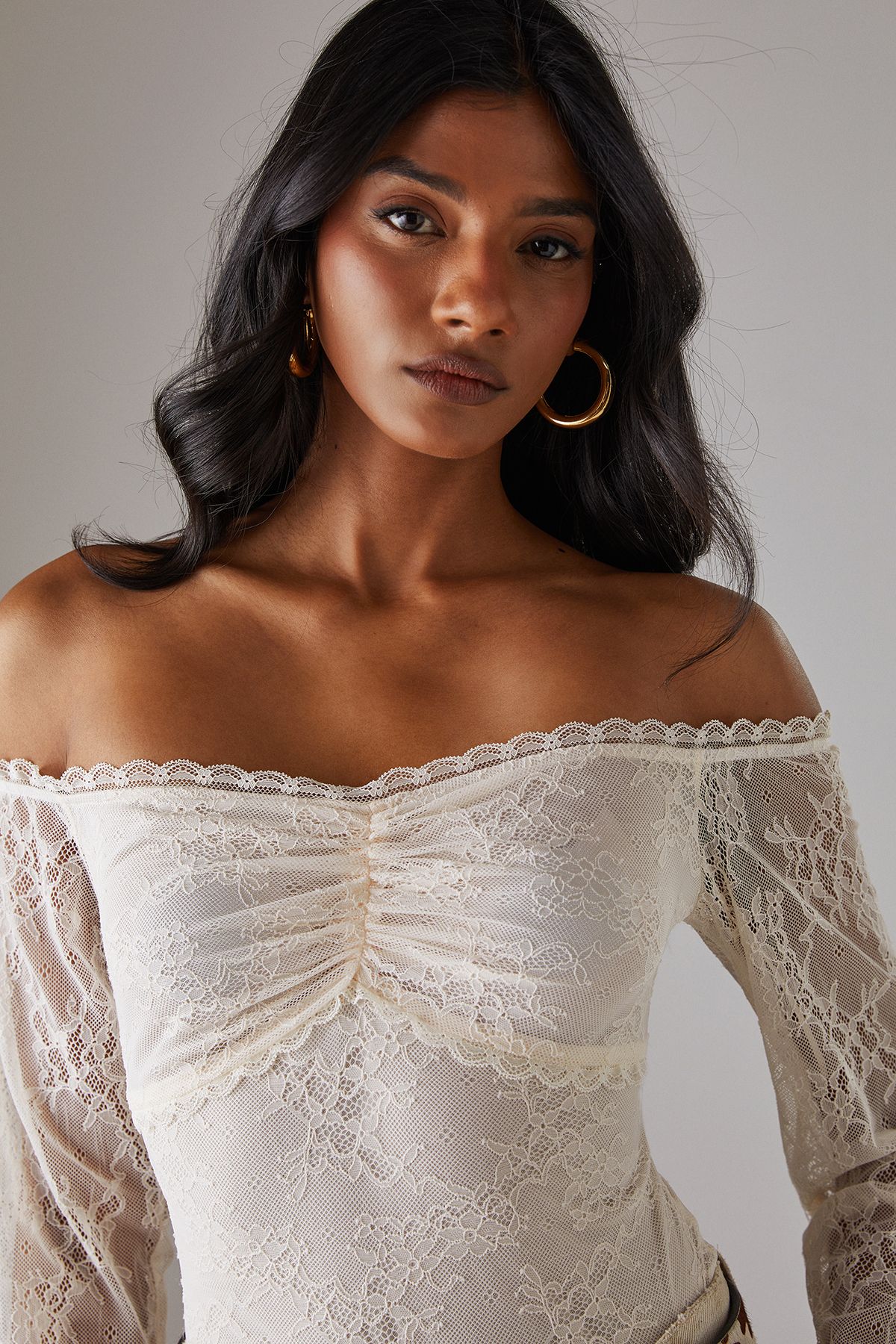 Warehouse Lace Bardot Bow Detail Bodysuit Cream image 2