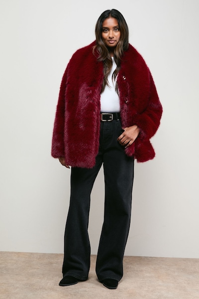 Oasis Fur Jacket With Scarf Berry